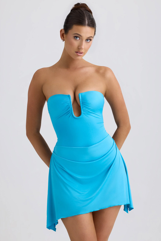 Slinky Jersey Draped A-Line Mini Dress in Aqua Blue - Size:L